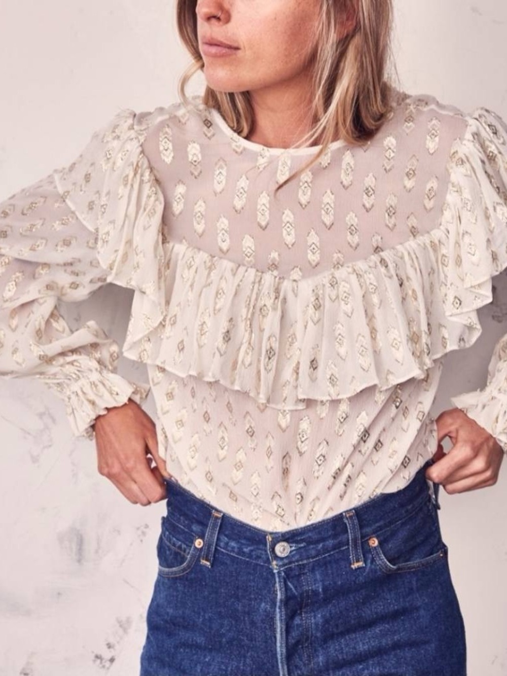 LoveShackFancy Erin Blouse Cream With Metallic SZ S